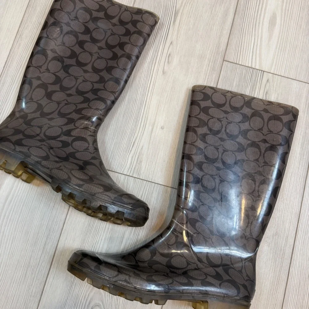 Coach Pixy Gold Brown Monogram Rubber Rain Waterproof Tall Boots Womens 10